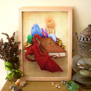 Dragon's Library ||  Paper Prints || Wall Art Decor ||  Fantasy Book || Candlelight