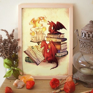 Dragon's Library ||  Paper Prints || Wall Art Decor ||  Fantasy Book || Friendship || Candlelight