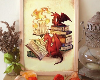 Dragon's Library ||  Paper Prints || Wall Art Decor ||  Fantasy Book || Friendship || Candlelight