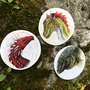 K&ouml;nnte beinhalten: Drei runde Aufkleber mit bunten Illustrationen von Drachen. Der erste Aufkleber zeigt einen gr&uuml;nen Drachen mit roten Akzenten, der zweite Aufkleber zeigt einen roten Drachen mit wei&szlig;en Akzenten und der dritte Aufkleber zeigt einen gr&uuml;nen und schwarzen Drachen.