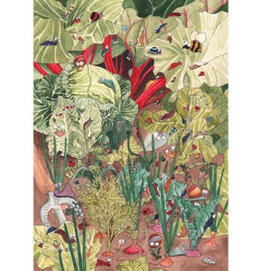 May include: A watercolor illustration of a garden scene with a variety of plants and insects. The plants include rhubarb, cabbage, and other leafy greens. The insects include ladybugs, snails, and a bee. The illustration is done in a whimsical style with bright colors and detailed textures.