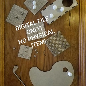 May include: A set of six wooden game boards, including bingo, tic-tac-toe, checkers, and a mini golf game. The boards are all made of unfinished wood and have a natural wood grain. The text "DIGITAL FILE ONLY! NO PHYSICAL ITEM!" is printed on the boards.