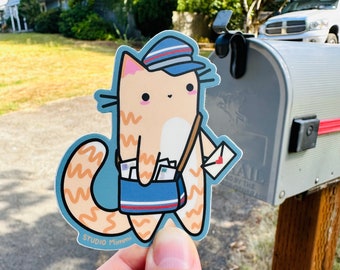 Super Cute Mail Carrier Postman Cat - Durable Vinyl Sticker - Weatherproof - I Support USPS