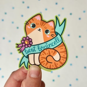May include: Orange and white cartoon cat with a blue ribbon that says "best braincell". The cat is wearing a pink flower with a paw print on it.