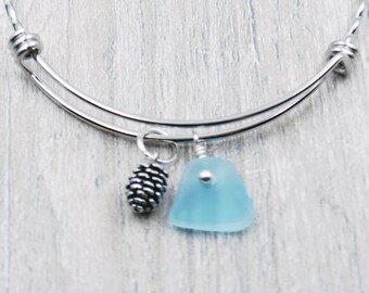 Bangle Bracelet with Pine Cone Charm and Light Blue Maine Sea Glass