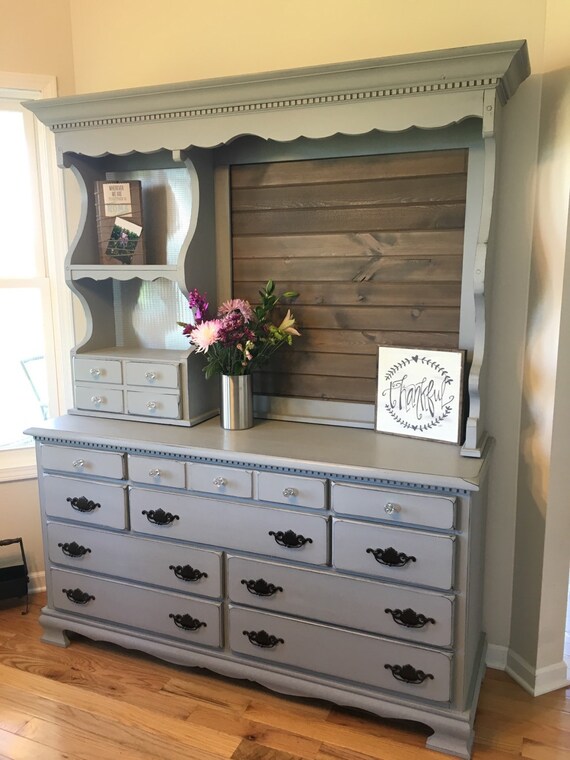 SOLD Grey Dresser/Hutch Wood Planking & Metal Decor Etsy