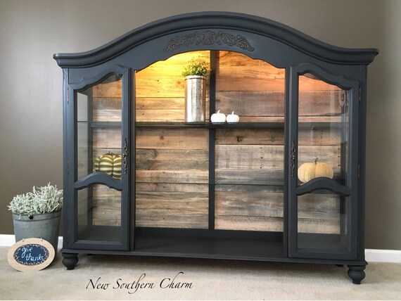 Sold Rustic Blue And Wood China Hutch Bookcase China Cabinet Etsy
