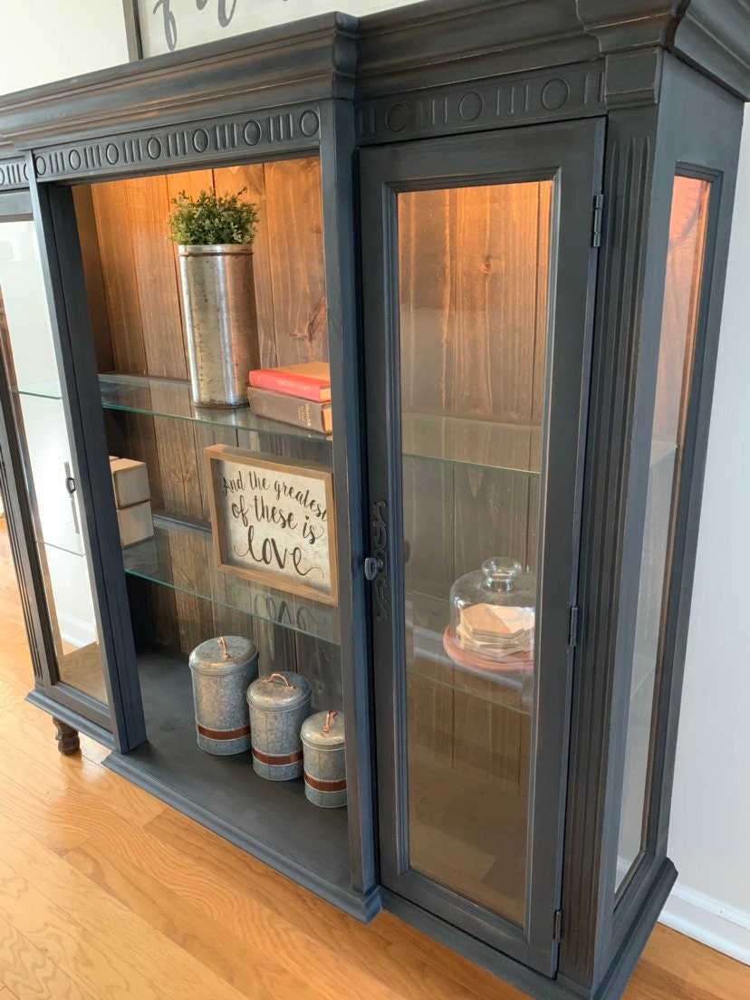 Sold Black Rustic Bookshelf China Cabinet Display Curio Etsy