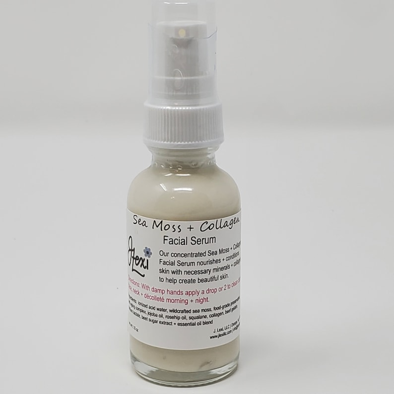 May include: A clear glass bottle with a white pump dispenser filled with a light beige liquid. The bottle label reads "Sea Moss + Collagen Facial Serum" and includes the brand name "Rexi". The label also includes a description of the product and its ingredients.