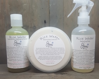 Rice Water Shampoo, Conditioner + Serum, fermented rice water, hydrating conditioner, detangling shampoo, rice water, moisturizing serum
