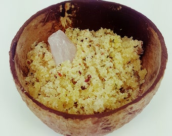 Rose Quartz Sugar Scrub, crystal body scrub, quartz body scrub, body scrub, heart chakra, rose quartz, Madagascar rose quartz,