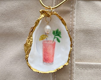 Bloody Mary Oyster Shell Bag Charm with Pearl | Cape Cod Oyster Shell | Brunch Lover Gift | Cocktail Gift | Coastal Christmas Ornament