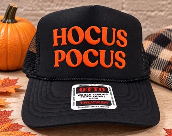 Hocus Pocus Trucker Hat, Orange Puff Print Halloween Hat, Retro Foam Cap, Witchy Fall Accessory