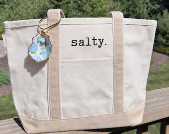 Salty Canvas Tote Bag | Coastal Beach Tote | Zip Top Canvas Bag | Cape Cod Gift | Nautical Tote | Coastal Gift for Her