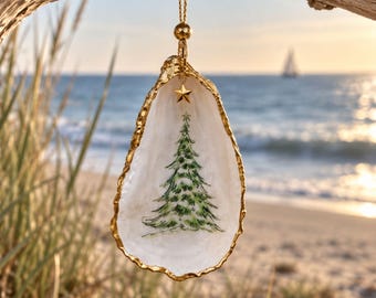 Christmas Tree Oyster Shell Ornament | Cape Cod Oyster Shell | Coastal Christmas Ornament | Beach Christmas Decor | Coastal Gift
