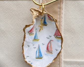 Sailboat Oyster Shell Bag Charm | Cape Cod Oyster Shell | Nautical Coastal Gift | Sailing Gift | Beach Bag Charm | Coastal Ornament