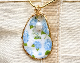 Hydrangea Oyster Shell Bag Charm | Cape Cod Coastal Keychain | Blue Hydrangea Shell Charm | Pearl Bag Charm | Coastal Gift