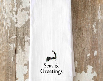 Cape Cod Holiday Tea Towel, “Seas & Greetings” Cape Cod housewarming gift, Cape Cod Hostess Gift, Cape Cod Christmas Gift