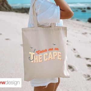 Catch Me on the Cape Tote Bag, Vintage Coastal Canvas Tote with Fish Hook & Seagull, Cape Cod Beach Bag, Nautical Seaside Market Tote