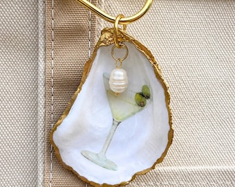 Martini Oyster Shell Bag Charm with Pearl | Cape Cod Oyster Shell | Coastal Gift | Martini Lover Gift | Coastal Christmas Ornament