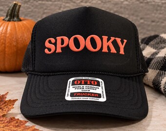 Spooky Halloween Trucker Hat, Orange Puff Print Foam Hat, Retro Halloween Cap, Spooky Season Accessory