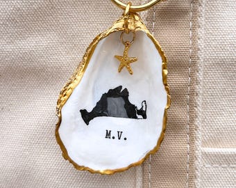 Martha’s Vineyard Oyster Shell Bag Charm | MV Map Charm | Cape Cod Oyster Shell | Martha’s Vineyard Gift | Coastal Christmas Ornament
