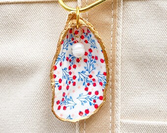 Berry Oyster Shell Bag Charm | Coastal Keychain | Red White & Blue Oyster Shell | Pearl Charm | Coastal Gift | Summer Bag Accessory