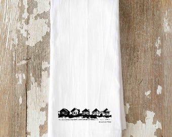 Cape Cod Beach Cottages Tea Towel, Hand-Pressed Coastal Kitchen Decor