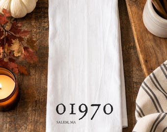Salem MA Tea Towel, Salem Massachusetts Souvenir, Witch City Gift, 01970 Zip Code Towel, Halloween Salem Gift, New England Kitchen Decor