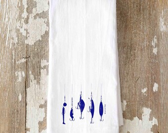 Fishing Lures Tea Towel, Coastal Kitchen Decor, Angler Gift, Nautical Home Accent