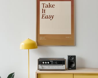 Póster imprimible "Tómalo con calma", tipografía musical de los 70, descarga digital retro nostálgica