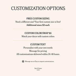 Puede incluir: Gr&aacute;fico color crema con el texto "CUSTOMIZATION OPTIONS". Incluye opciones de tama&ntilde;o personalizado, intercambio de color y personalizaci&oacute;n de texto. El texto incluye "Env&iacute;ame un mensaje en Etsy para solicitar personalizaciones".