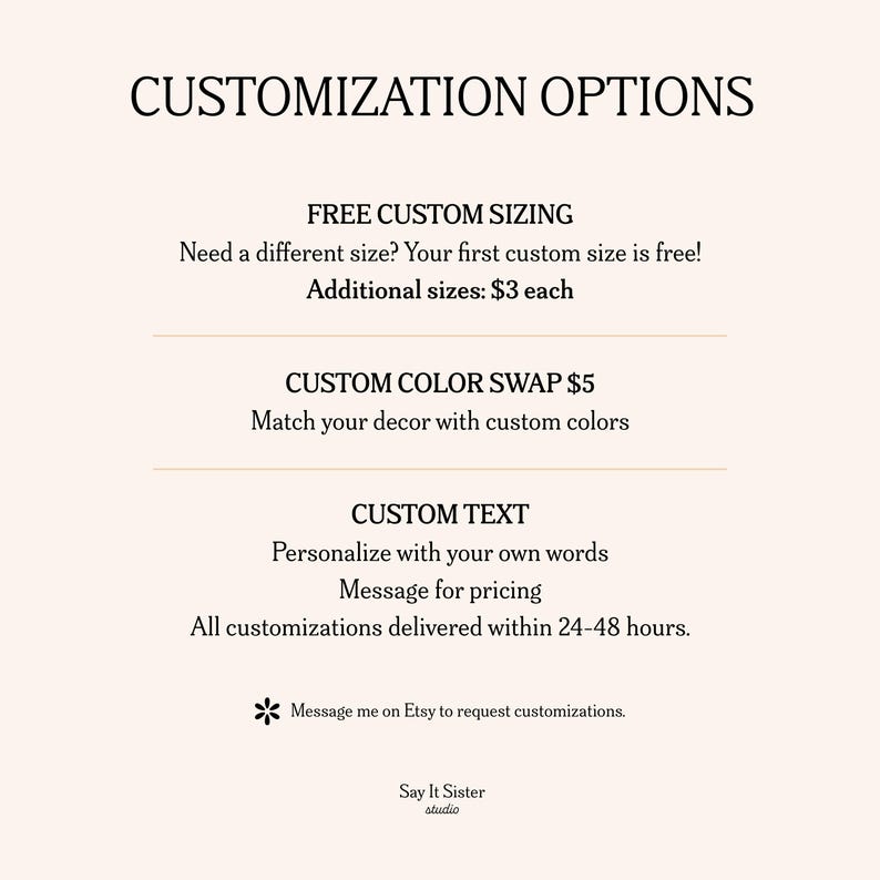 Puede incluir: Gr&aacute;fico color crema con el texto "CUSTOMIZATION OPTIONS". Incluye opciones de tama&ntilde;o personalizado, intercambio de color y personalizaci&oacute;n de texto. El texto incluye "Env&iacute;ame un mensaje en Etsy para solicitar personalizaciones".