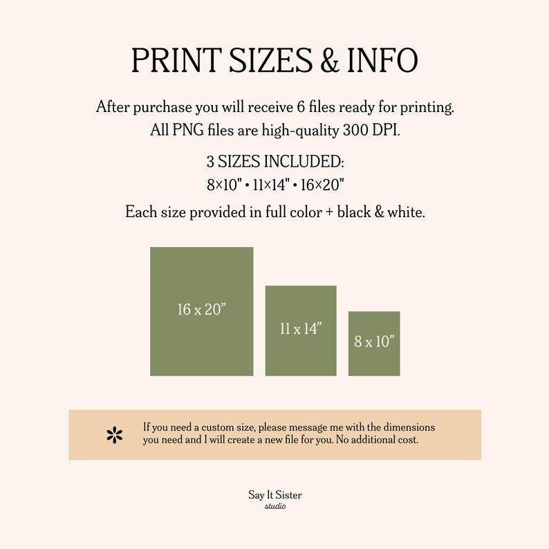 Puede incluir: Gr&aacute;fico beige con el texto "PRINT SIZES & INFO" y detalles sobre archivos imprimibles. Incluye tres rect&aacute;ngulos verdes etiquetados con tama&ntilde;os: 20,3x25,4 cm, 28x35,6 cm y 40,6x50,8 cm. El texto tambi&eacute;n menciona opciones a color y blanco y negro.