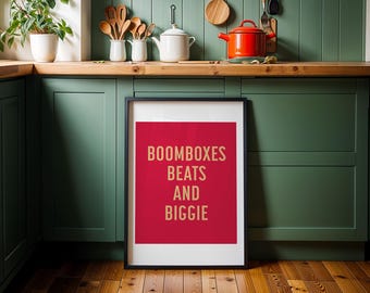 Boomboxes, Beats and Biggie-print, jaren 90 hiphop-typografieposter, terugspoelen tijdperk (digitale download)
