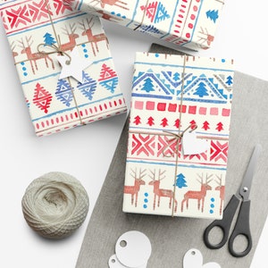 Red Blue Scandinavian Wrapping Paper Sheets, Norwegian Christmas, Boy Winter Birthday, Nordic Christmas