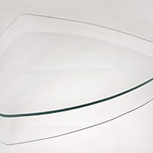 May include: A clear glass serving tray with a unique triangular shape. The tray has a slightly curved edge and is perfect for displaying snacks or appetizers.