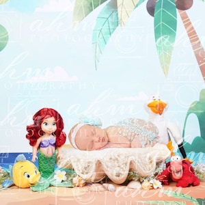 Little Mermaid Newborn Digital Backdrop Newborn Composite Digital Background Girl Mermaid Princess Ocean Seashell Doll Infant Baby Box Sale