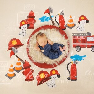 Newborn Digital Backdrop Fireman Firetruck Hero Dalmatian Baby Boy Girl Background Composite Sale
