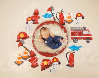 Recién nacido Fondo digital Bombero Camión de bomberos Héroe Dálmata Bebé Niño Niña Fondo Compuesto Venta