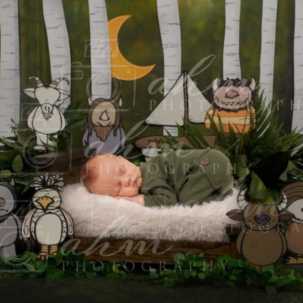 Newborn Digital Backdrop Wild Things Monsters Book Bed Forest Boat Boy Baby Composite Background Sale