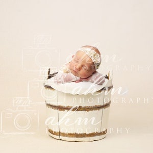 May include: A newborn baby wearing a floral headband and a lace outfit, resting peacefully inside a rustic white wooden bucket. The bucket has brown accents and is set against a soft, neutral background.