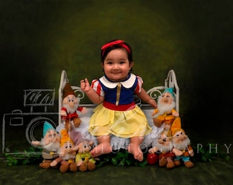 Newborn Digital Backdrop Snow White Bed Forest Princess Girl 7 Dwarfs Background Sale