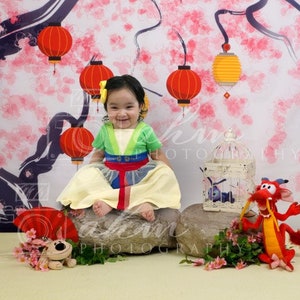 Sitter digitale achtergrond Mulan prinses cherry blossom china baby meisje composiet verkoop