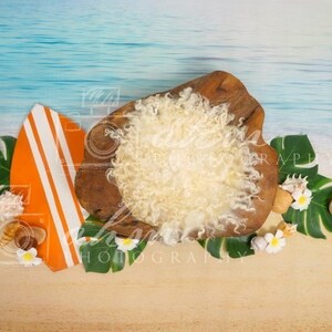 Puede incluir: Un conjunto de accesorios de fotograf&iacute;a para reci&eacute;n nacidos con un cuenco de madera, piel sint&eacute;tica blanca, una tabla de surf y hojas tropicales. El cuenco est&aacute; lleno de piel sint&eacute;tica blanca y est&aacute; rodeado de hojas verdes, una tabla de surf y conchas.