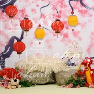 Newborn Digital Backdrop Mulan Princess Cherry Blossom Girl Baby Composite Background Sale