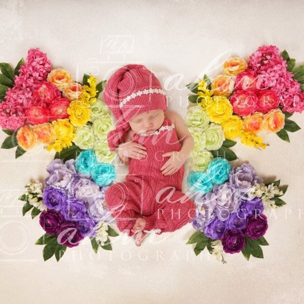 Newborn Digital Backdrop Rainbow Baby Butterfly Floral Background Rainbow Baby Girl Prop Top View Composite Instant Download.