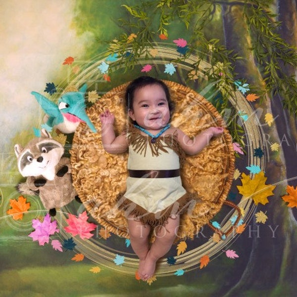 Fondo digital recién nacido Pocahontas Fondo por encima de la niña mapache Humming Bird Princesa Venta