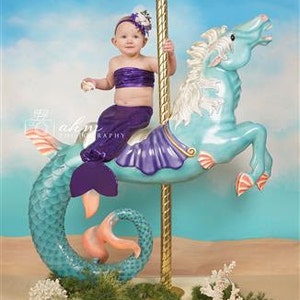 Seahorse Ocean Beach Sitter Digital Backdrop Horse Carousel Baby Girl Composite Background Sale