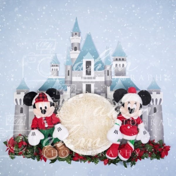 Mickey Christmas Castle Newborn Digital Backdrop Boy Girl Shot From Above Bowl Wreath Minnie Holiday Composite Background Sale